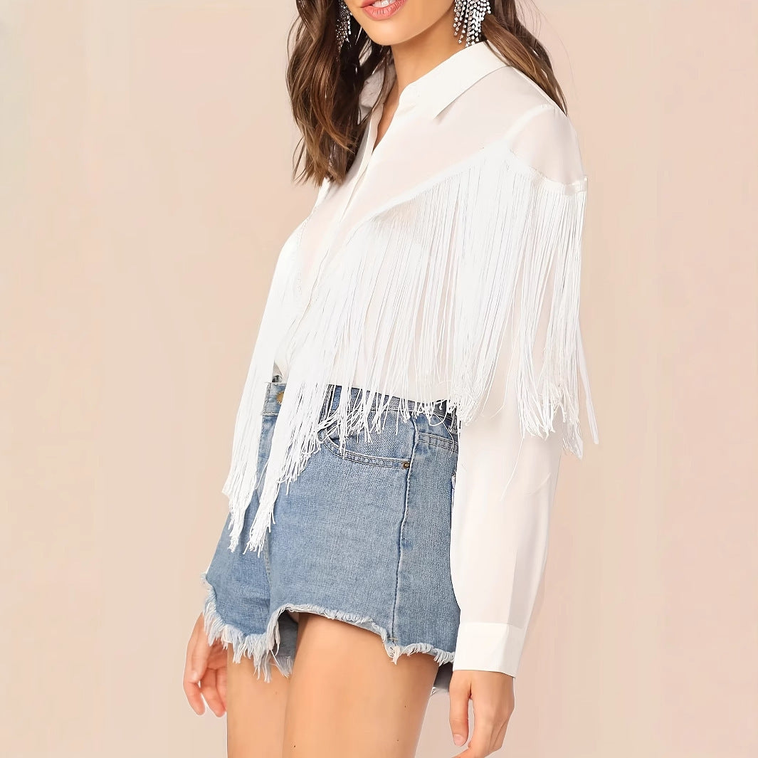 Women's Solid Color Tassel Decoration Long Sleeved Commuting Shirt Loose Casual Top