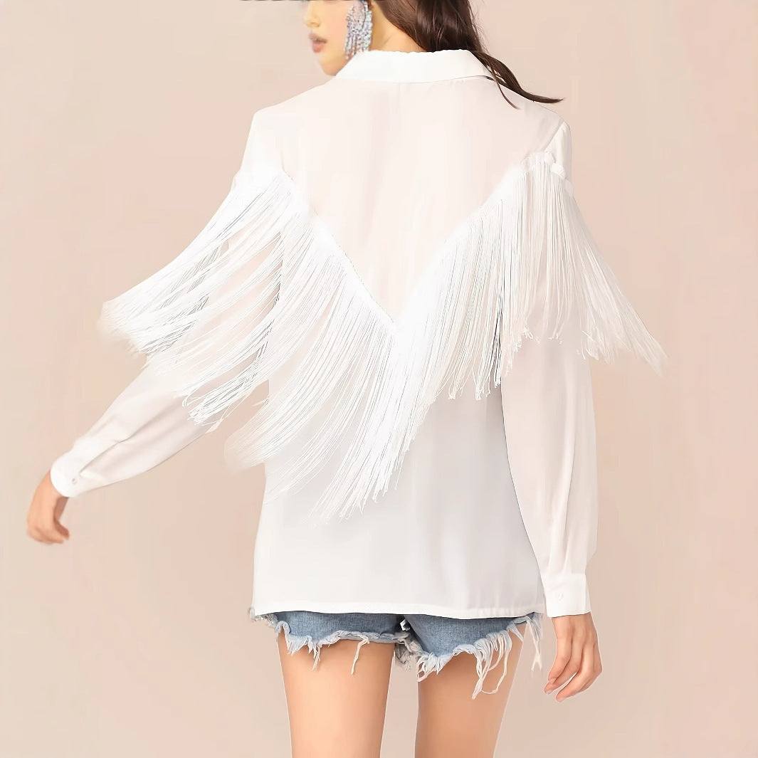 Women's Solid Color Tassel Decoration Long Sleeved Commuting Shirt Loose Casual Top