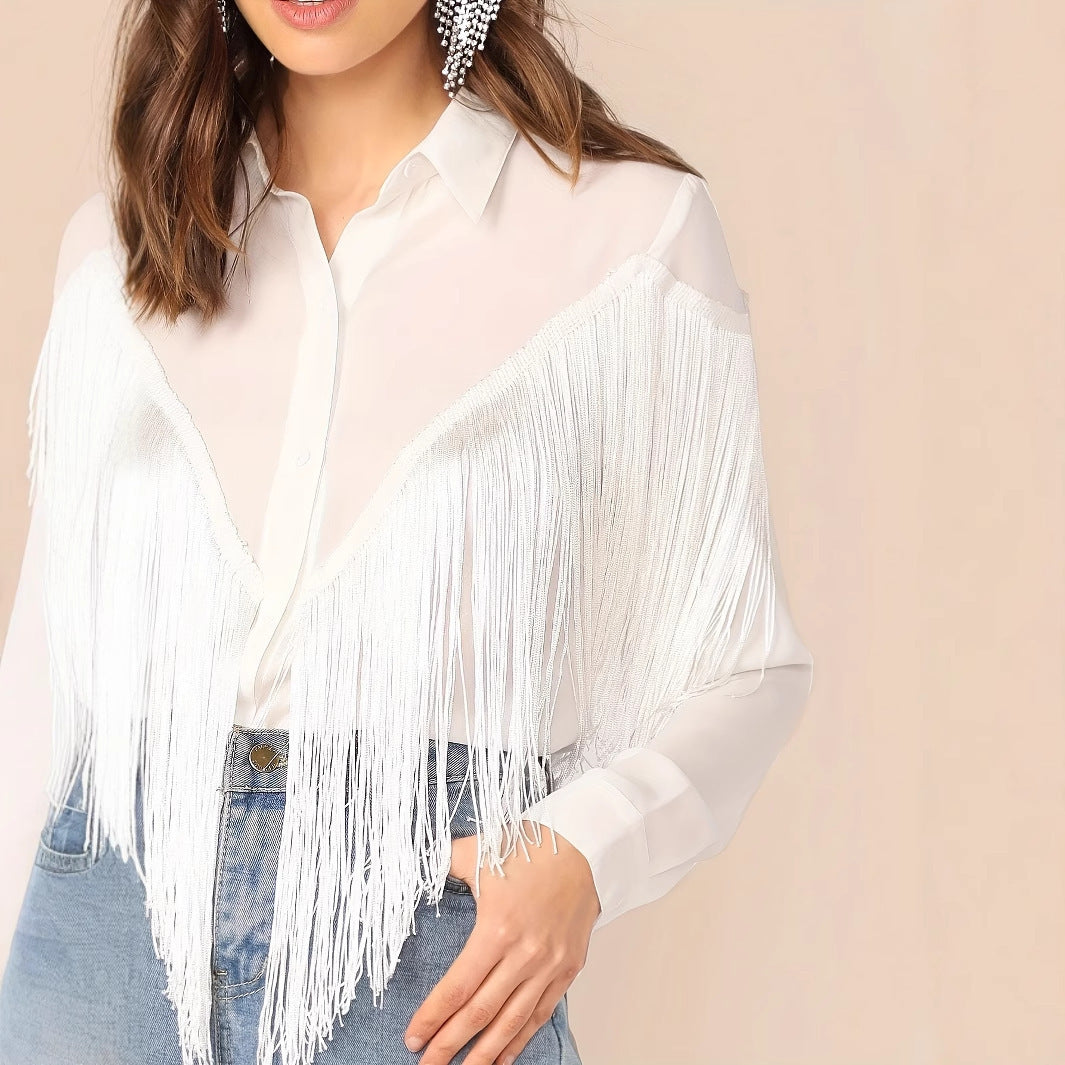 Women's Solid Color Tassel Decoration Long Sleeved Commuting Shirt Loose Casual Top