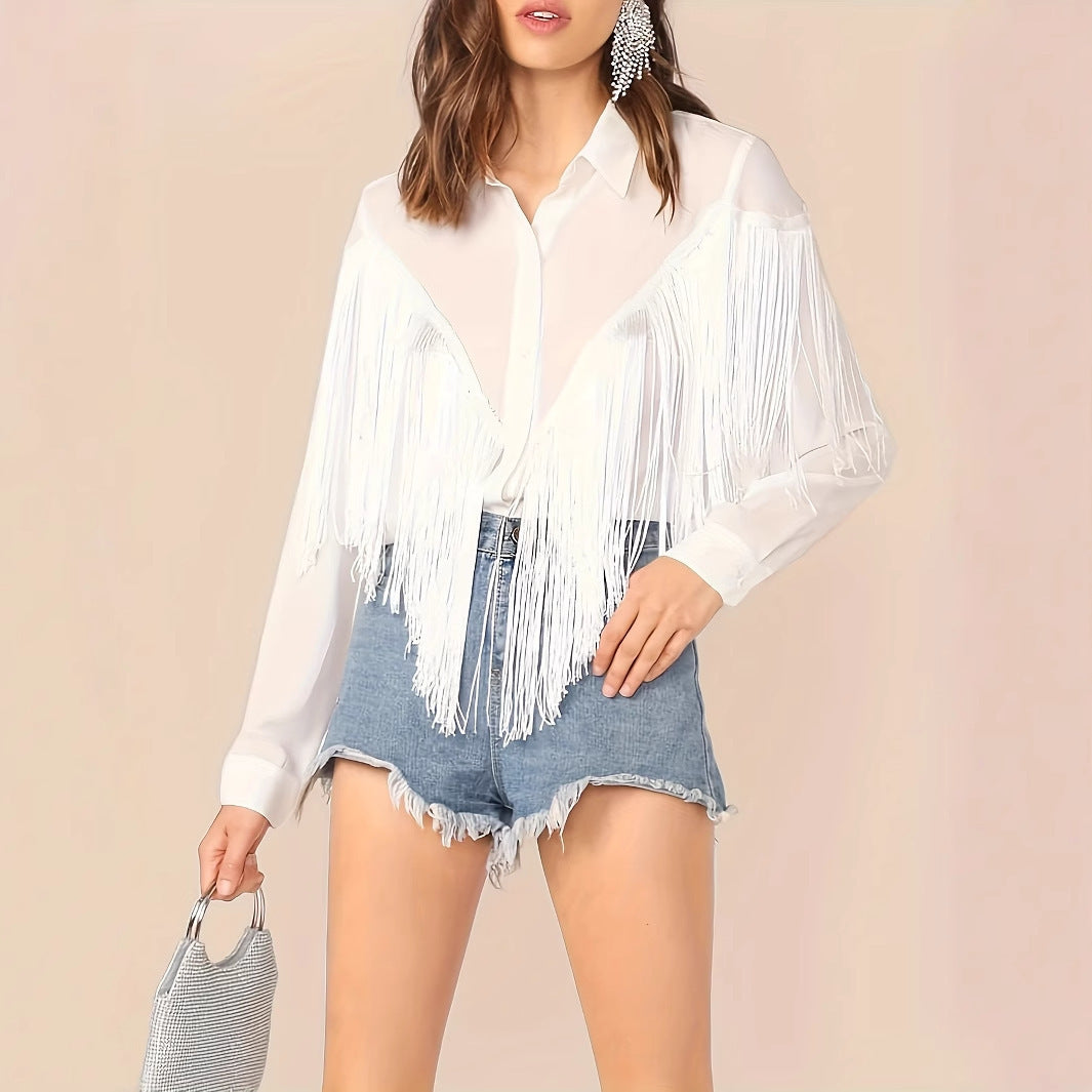 Women's Solid Color Tassel Decoration Long Sleeved Commuting Shirt Loose Casual Top