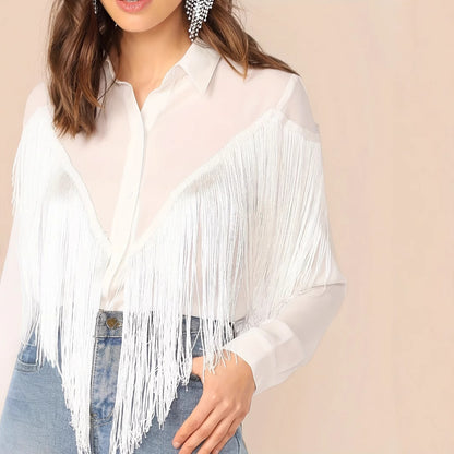 Women's Solid Color Tassel Decoration Long Sleeved Commuting Shirt Loose Casual Top