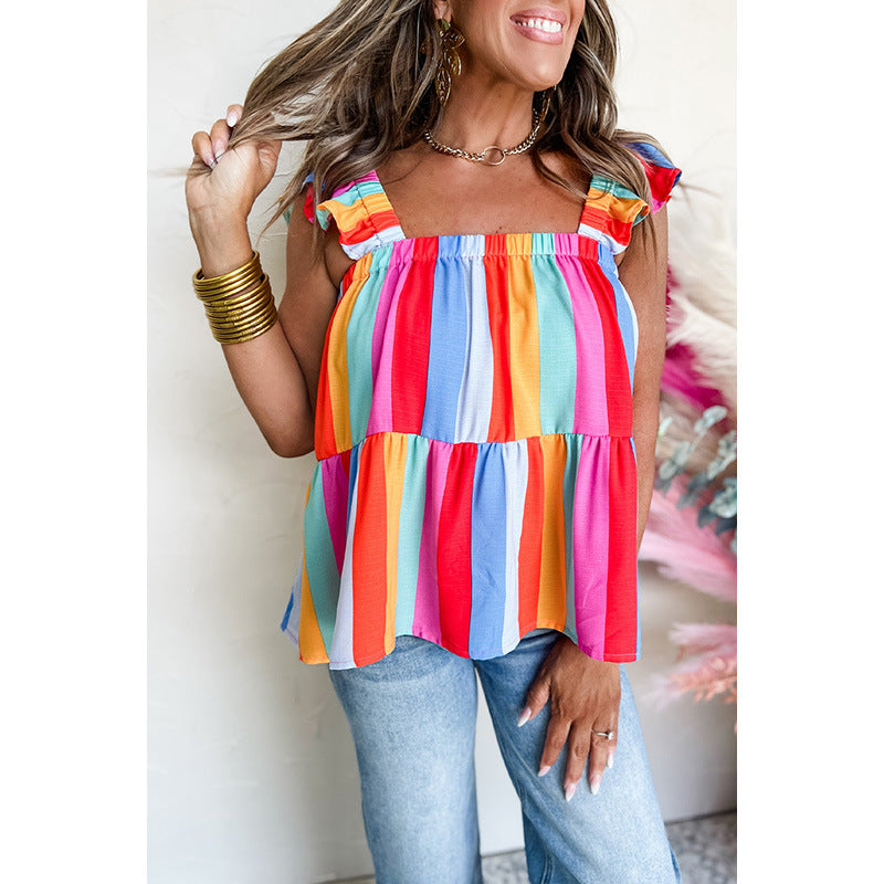 Spring And Summer New Pullover Square Collar Vest Women's Contrast Color Striped