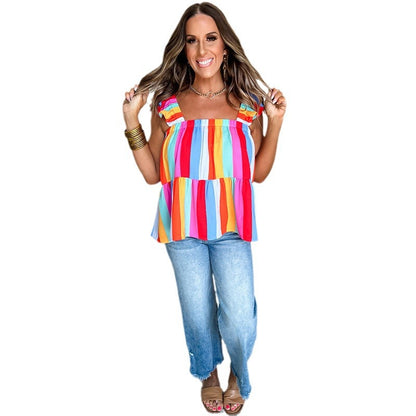 Spring And Summer New Pullover Square Collar Vest Women's Contrast Color Striped
