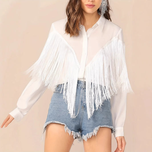 Women's Solid Color Tassel Decoration Long Sleeved Commuting Shirt Loose Casual Top