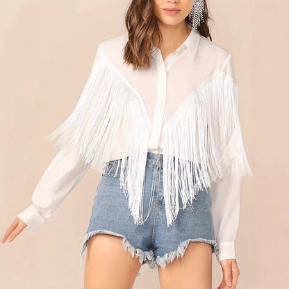 Women's Solid Color Tassel Decoration Long Sleeved Commuting Shirt Loose Casual Top