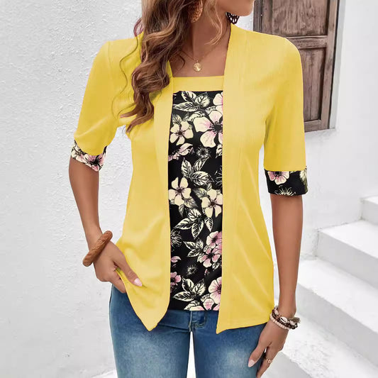 Women's Fake Two-piece Five-quarter Sleeve Printed Top T-shirt